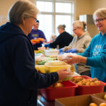 a woman receiving food from a volunteer with smiles on their faces
