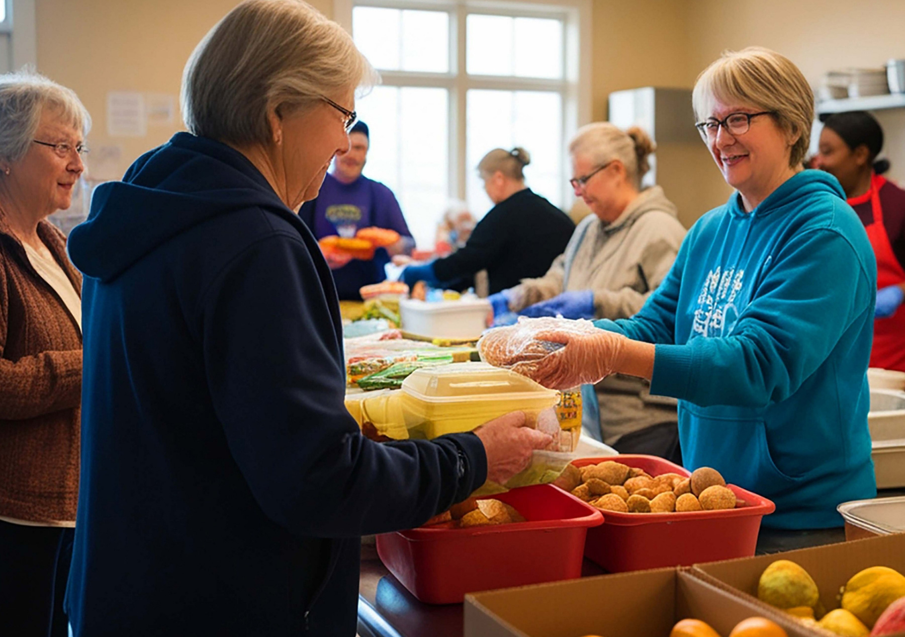 a woman receiving food from a volunteer with smiles on their faces